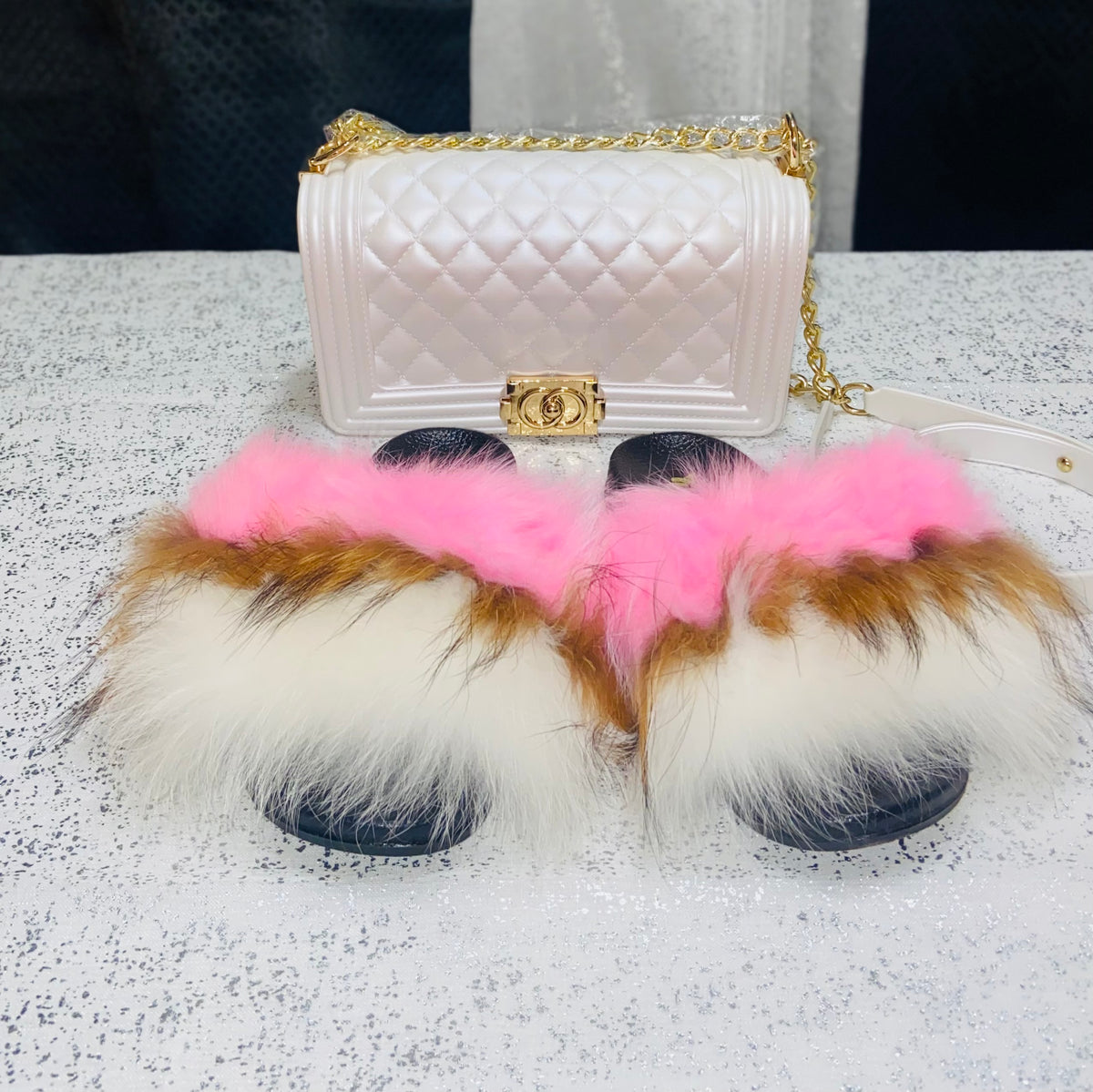 Fluffy slides and purse new arrivals