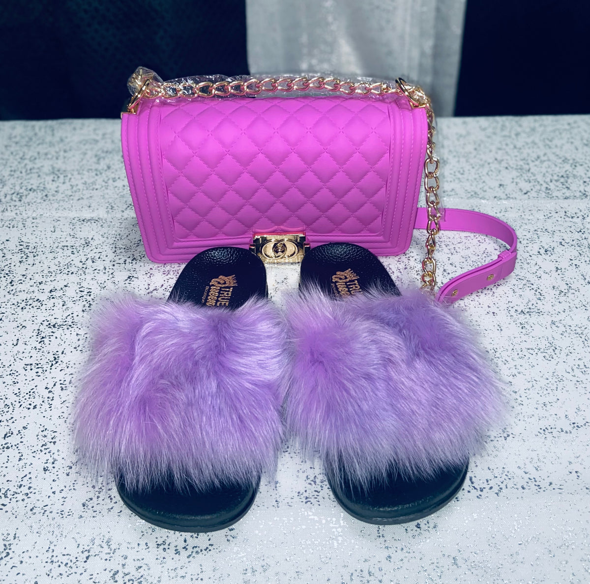 Furry slides store with matching purse