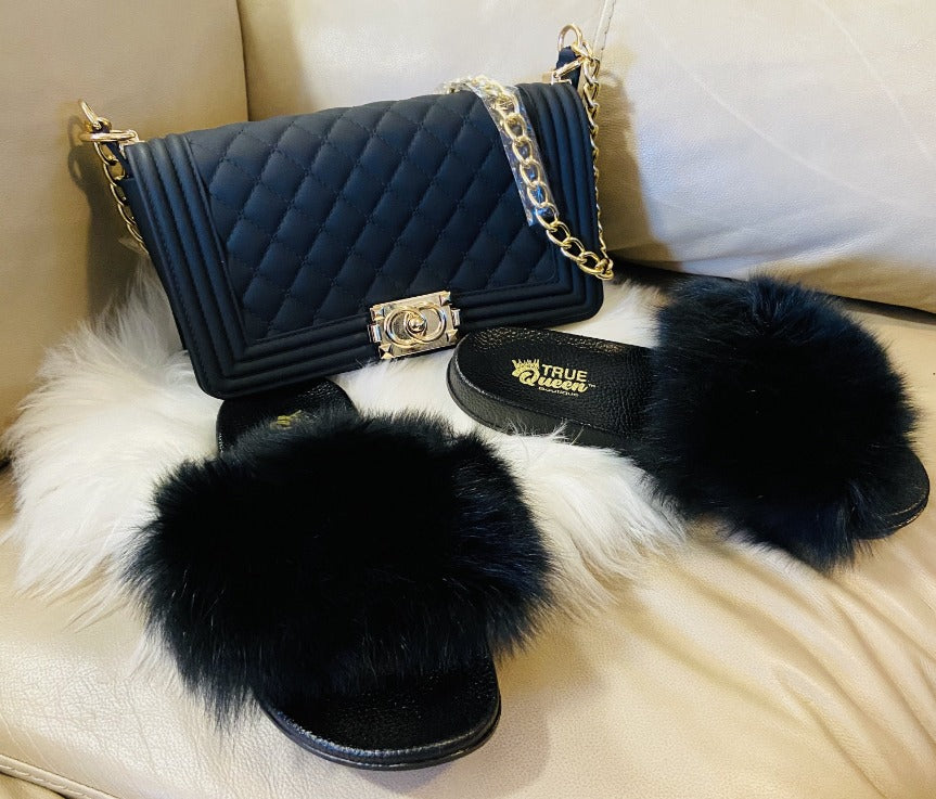 Black Fur Slides and Jelly Bag Set BlessUp Collections