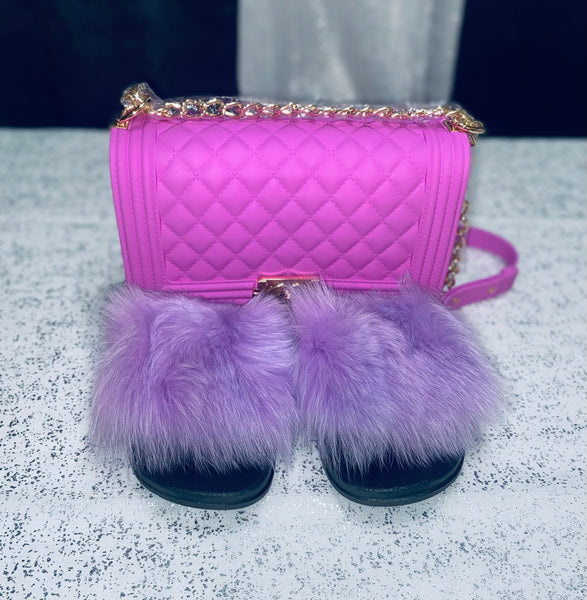 Violet Fur Slides and Jelly Bag Set