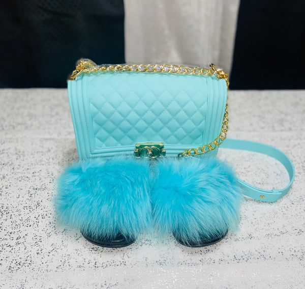 Sky Blue Fur Slides and Jelly Bag Set BlessUp Collections