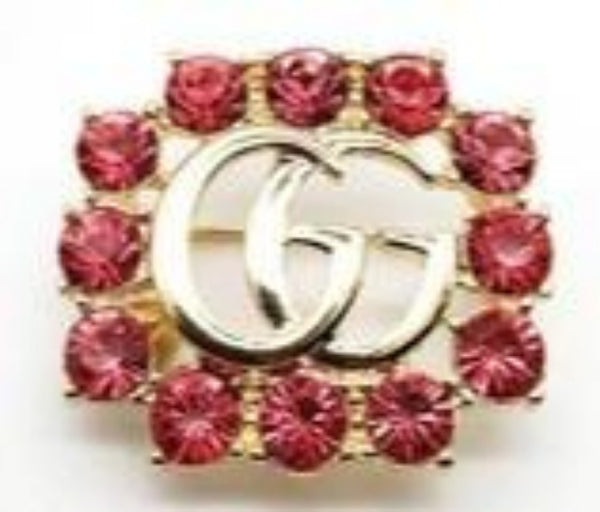 Double G Letter Crystal Brooch Pins