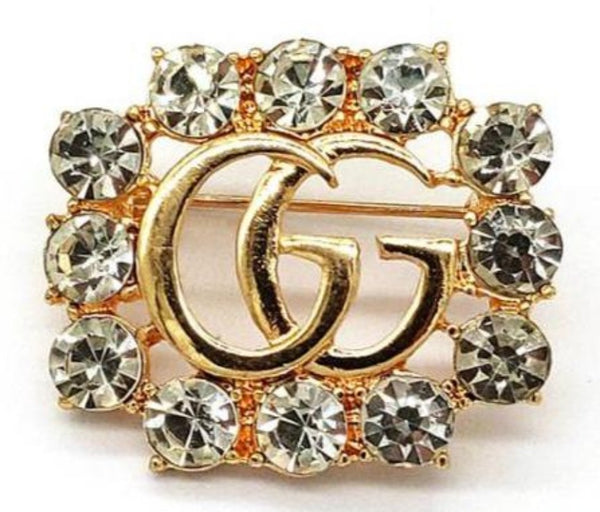 Double G Letter Crystal Brooch Pins