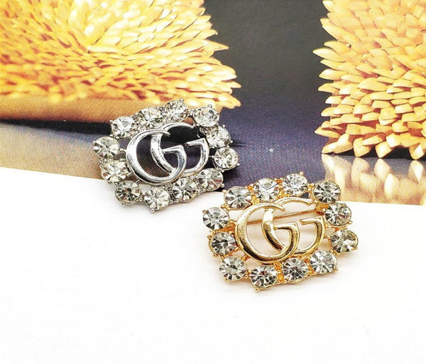 Double G Letter Crystal Brooch Pins