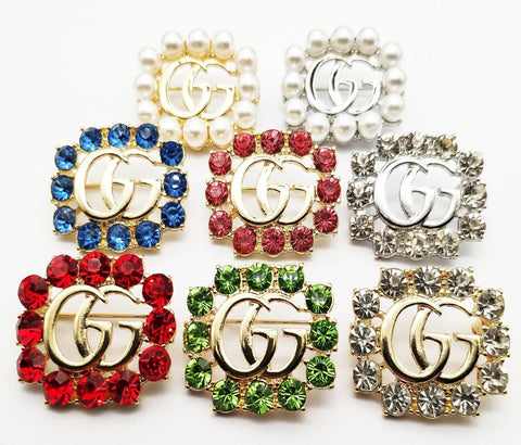 Double G Letter Crystal Brooch Pins