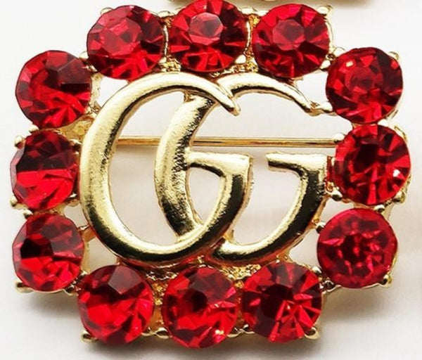 Double G Letter Crystal Brooch Pins